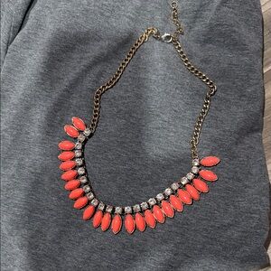 J. Crew Coral and Gold Bib Necklace with Diamond like Stones